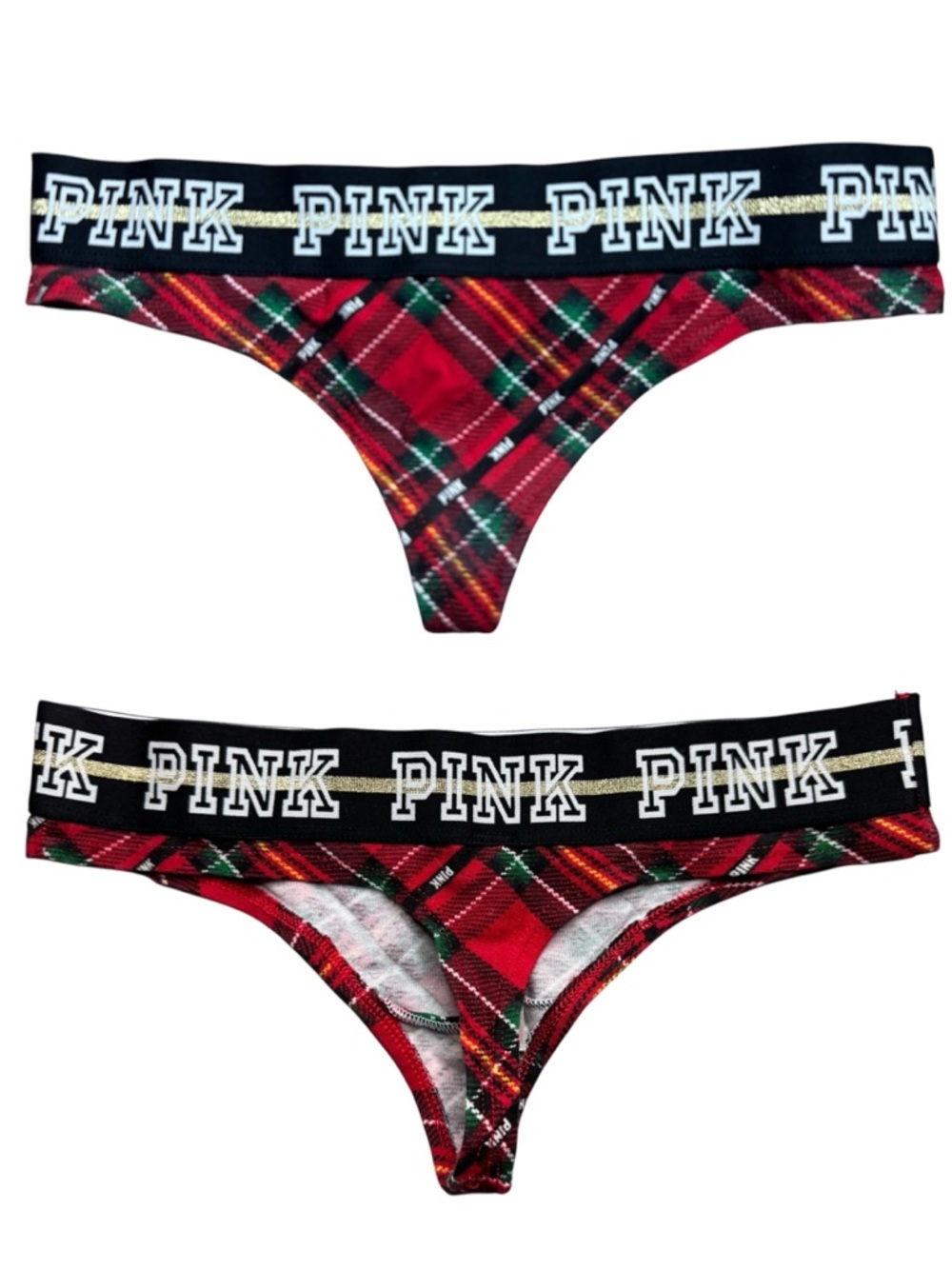 NWOT VICTORIA’S SECRET PINK Red/Green/Black Plaid Thong Panties Size Extra Small